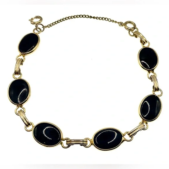 3 for $30 Vintage Gold Tone Linked Bracelet Bezel Set Onyx Gems Safety Chain - Picture 1 of 5